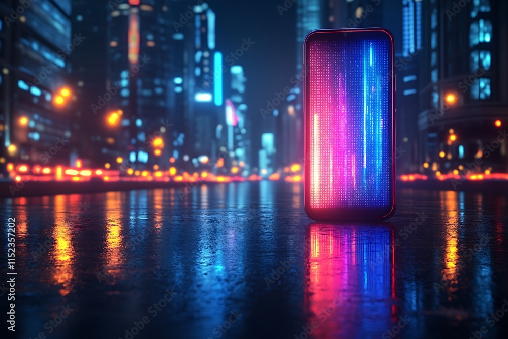 Neon Cityscape Smartphone Displaying Digital Data Neon Cityscape Smartphone Displaying Digital Data