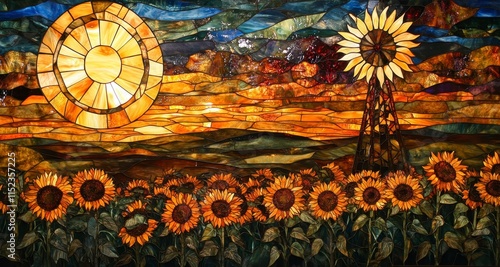 Wallpaper Mural A vibrant stained glass artwork depicting a field of sunflowers under a colorful sunset with a large sun and windmill in the background. Torontodigital.ca