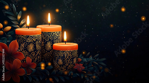 Elegant candlelit arrangement ideal for Kwanzaa celebrations, featuring intricately patterned mishumaa saba candles amidst a warm, intimate glow for festive design. photo