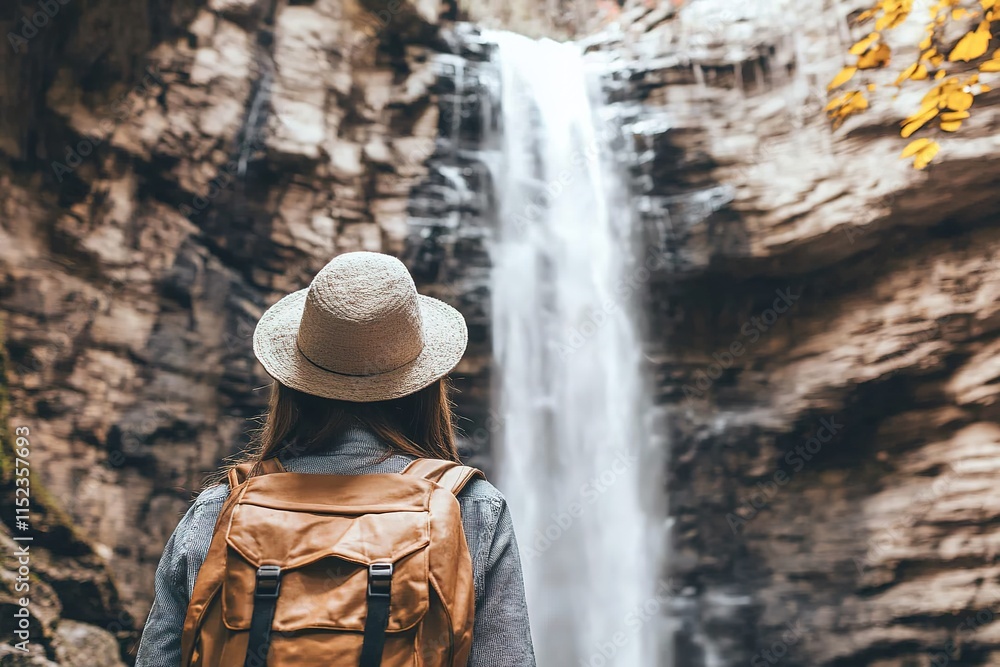 Majestic waterfall cascades down rocky cliffs, person gazes in a Majestic waterfall cascades down rocky cliffs, person gazes in a