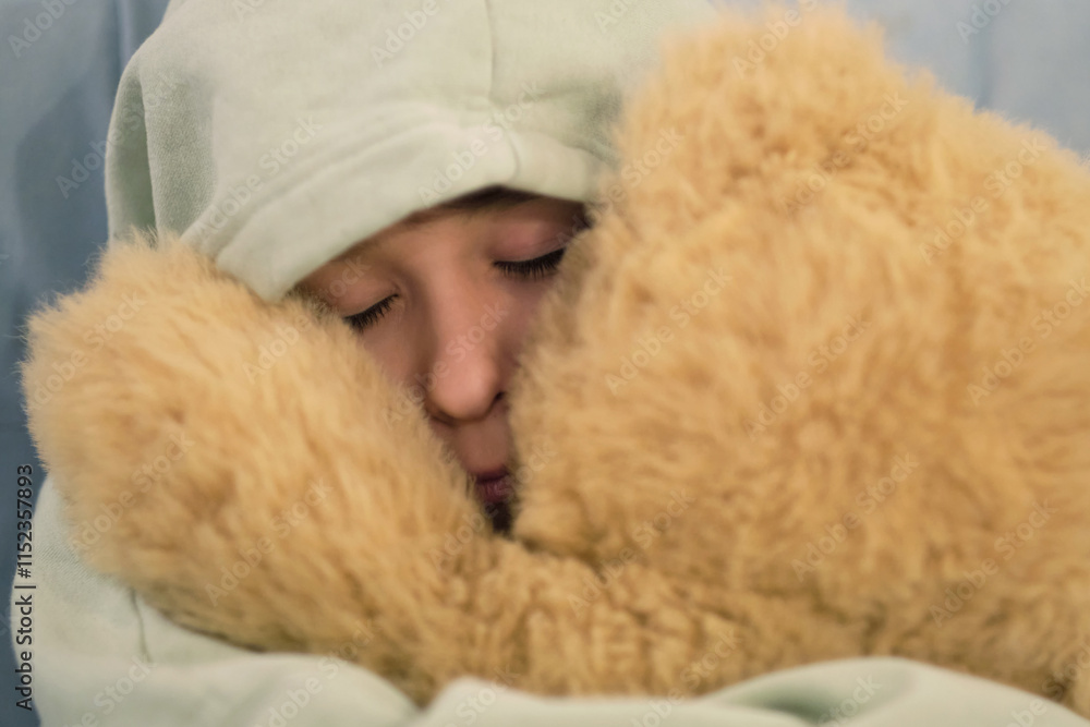 A serene child cuddling a fluffy teddy bear, eyes closed in comfort and warmth. A serene child cuddling a fluffy teddy bear, eyes closed in comfort and warmth.