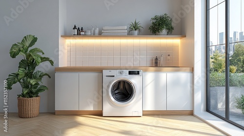 Modern laundry room with white washer, wooden cabinets, and large window.