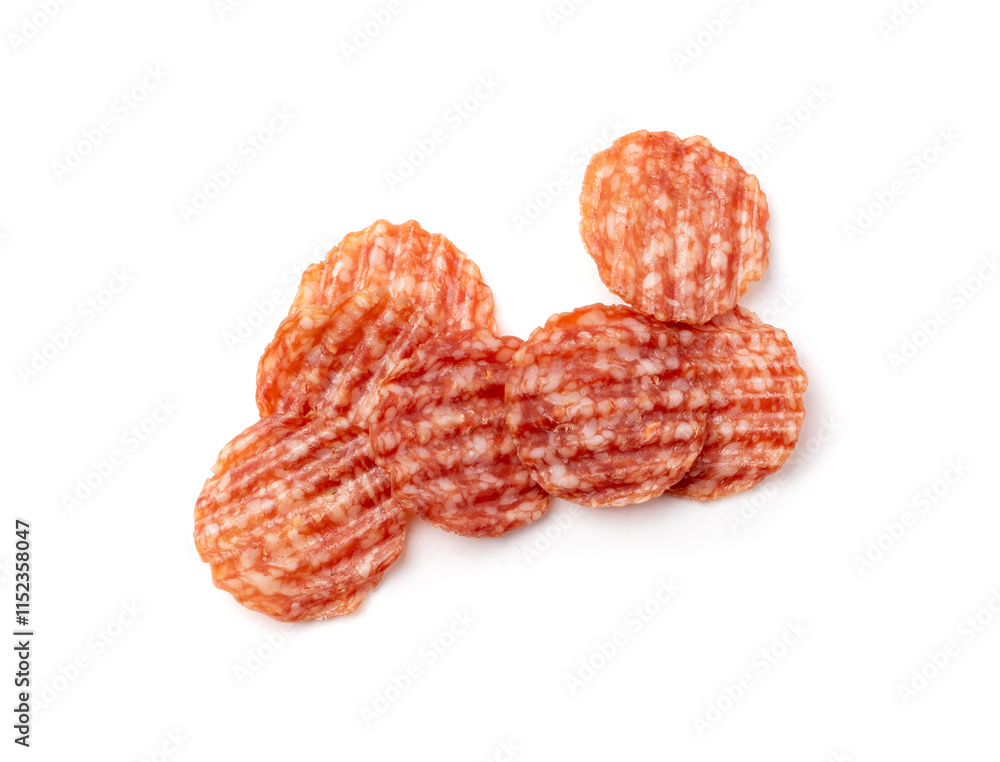 Salami chips isolated, wavy sausage slices, sliced dry chorizo, sausages thin pieces, pepperoni pizza ingredient Salami chips isolated, wavy sausage slices, sliced dry chorizo, sausages thin pieces, pepperoni pizza ingredient