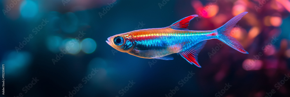 Fototapeta premium Neon tetra swimming in colorful aquarium