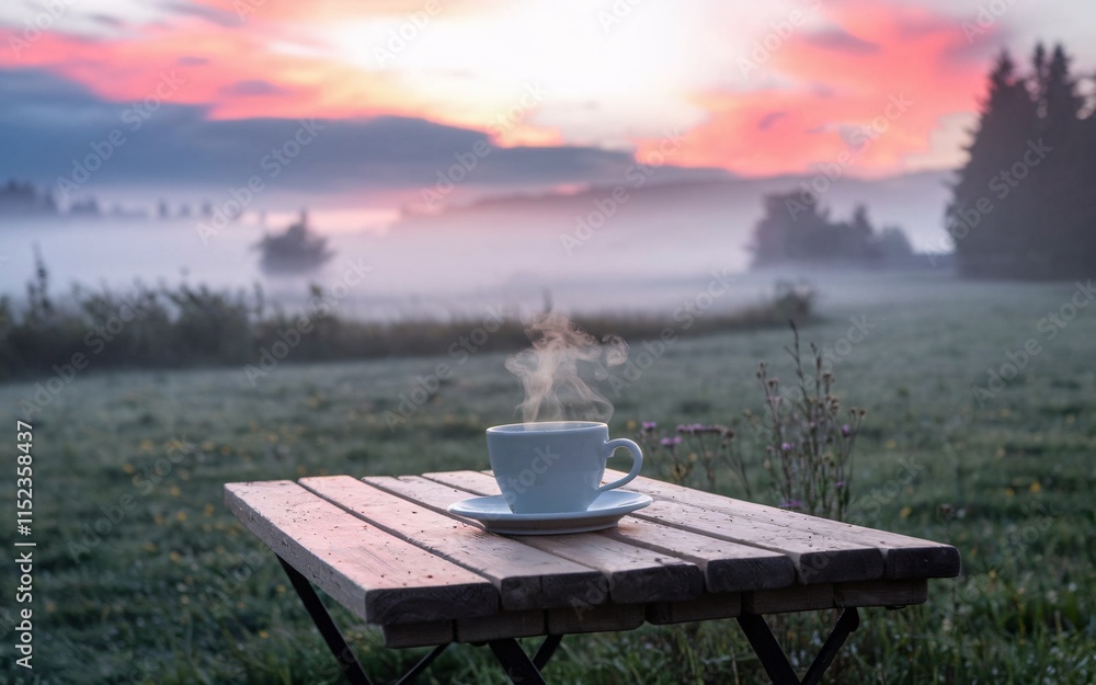Fototapeta premium Coffee, Steaming coffee cup on wooden table at sunrise, foggy meadow.