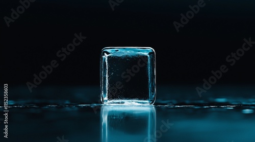 Single ice cube on dark reflective surface.