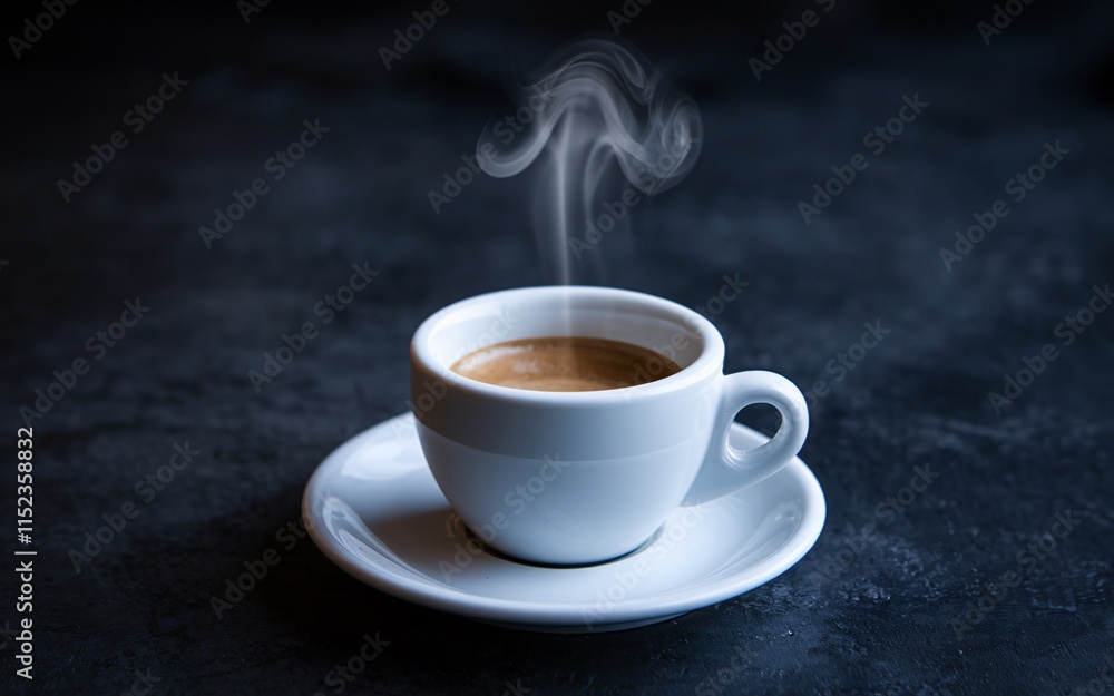 Fototapeta premium Coffee, Steaming espresso in a white cup on a dark surface.
