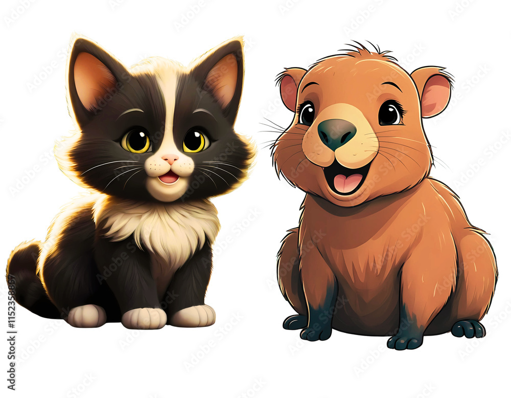 Naklejka premium Children's art. Cartoon cat and cheerful capybara pose together in bright digital artwork.