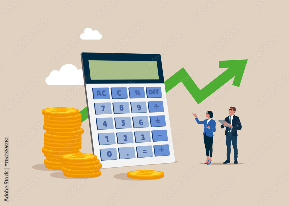 Financial management. Calculating financial risk planning, calculator with coins stack and arrow graph. Modern vector illustration in flat style