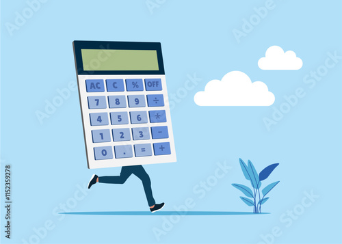 Funny funky guy calculator instead of body. Think about numbers. Loan calculation, budget allocation, expense and debt pay off or payment. Flat vector illustration.