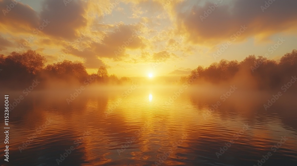 Obraz premium Sunrise over a misty lake with vibrant colors reflecting on the water surface