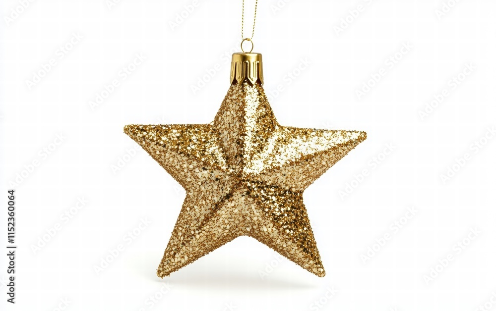 A glittering gold star-shaped Christmas ornament hovering mid-air, isolated on white A glittering gold star-shaped Christmas ornament hovering mid-air, isolated on white