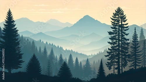 Realistic mountains landscape. Morning wood panorama, pine trees and mountains silhouettes. Vector forest hiking background