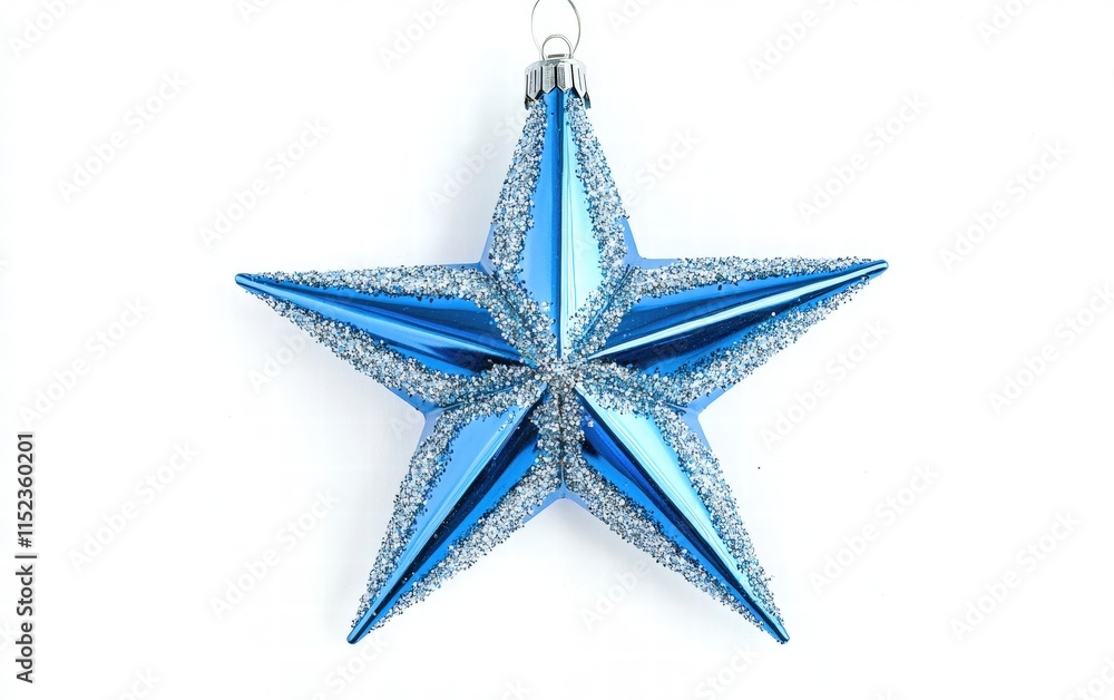 A shiny blue star-shaped ornament with silver sparkles hovering mid-air, on a bright white background A shiny blue star-shaped ornament with silver sparkles hovering mid-air, on a bright white background
