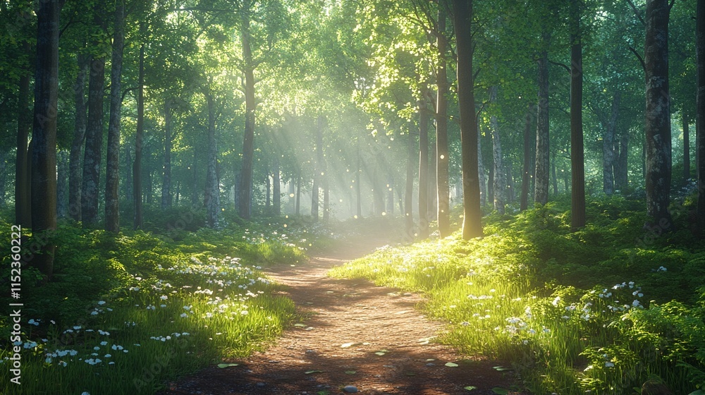 Obraz premium A serene forest path winding through a lush landscape of trees and wildflowers.