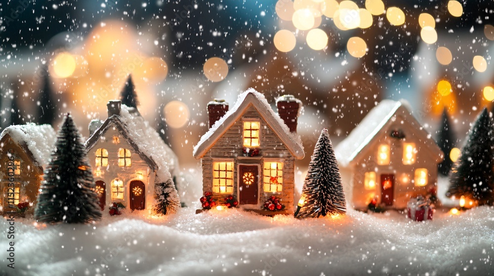 Fototapeta premium Charming miniature houses adorned with lights, nestled in snow, creating a magical winter wonderland scene.