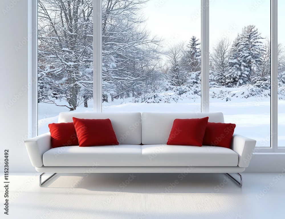 A minimalist living room with a white sofa red accent cushions and a view of a snowy winter scene outside