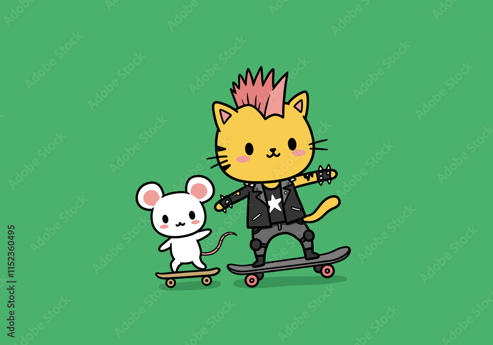 Fototapeta premium Punk rock costume cat with pink hair riding alongside mouse friend on a skateboard