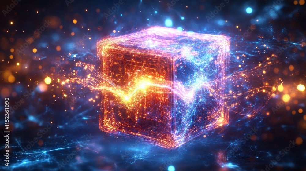A glowing, abstract cube surrounded by vibrant energy and light particles, set against a cosmic backdrop. A glowing, abstract cube surrounded by vibrant energy and light particles, set against a cosmic backdrop.