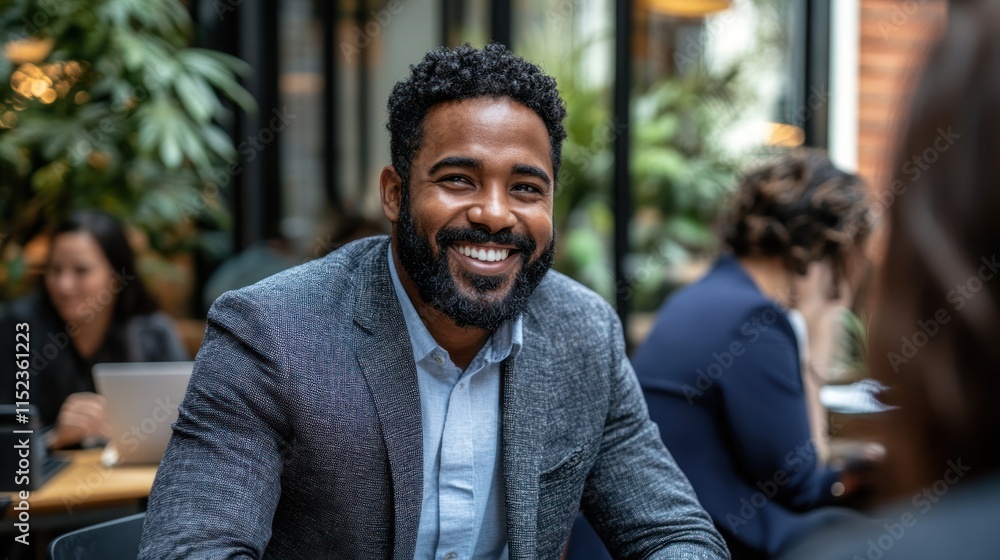 Man with curly hair and beard smiles while interacting with coworkers in a bright workspace Man with curly hair and beard smiles while interacting with coworkers in a bright workspace