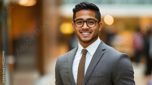 A young man in a suit and tie looks cheerful while standing in a busy office lobby