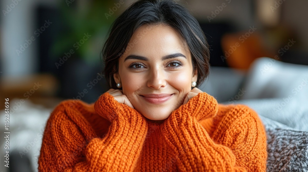 Young woman smiles warmly while resting her chin on her hands in a cozy indoor setting Young woman smiles warmly while resting her chin on her hands in a cozy indoor setting