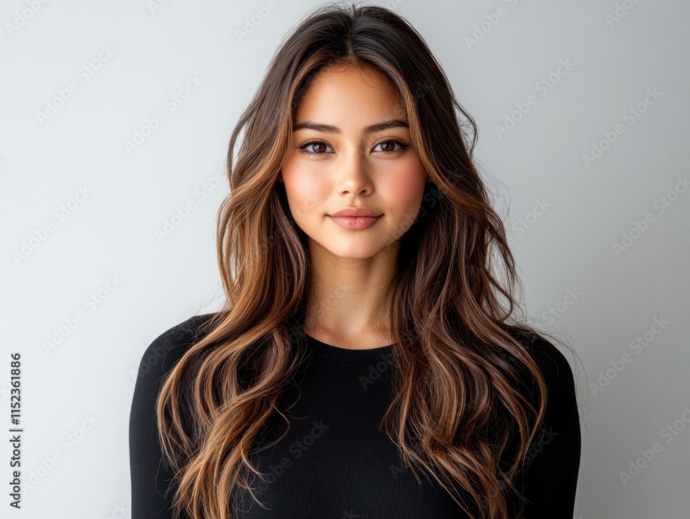 Fototapeta premium A young woman stands with a serene expression, showcasing her long hair and casual style