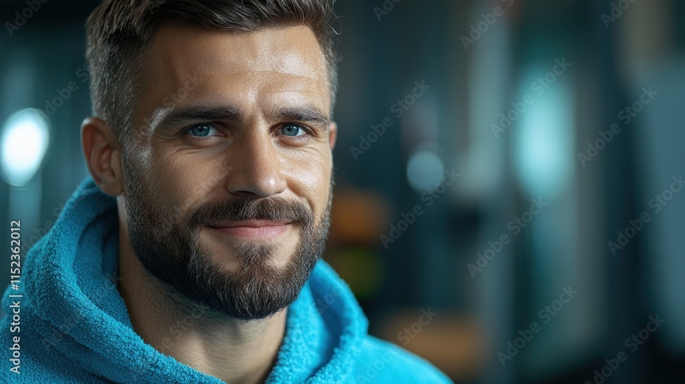 Man with a beard smiles warmly while wearing a blue hoodie in a well lit fitness area, reflecting confidence Man with a beard smiles warmly while wearing a blue hoodie in a well lit fitness area, reflecting confidence