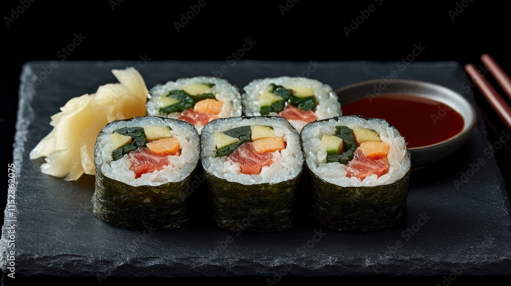 Five sushi rolls with fresh ingredients served alongside pickled ginger and a small bowl of sauce Five sushi rolls with fresh ingredients served alongside pickled ginger and a small bowl of sauce