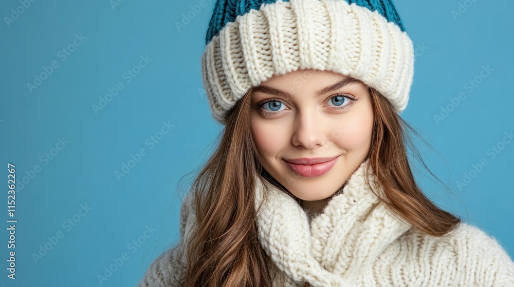 Smiling woman wearing a cozy sweater and knitted hat stands in front of a bright blue backdrop Smiling woman wearing a cozy sweater and knitted hat stands in front of a bright blue backdrop