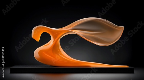 Abstract orange glass sculpture on black base.