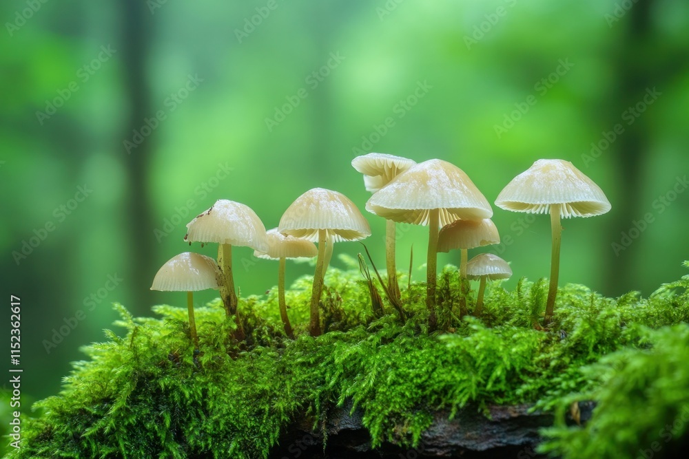 Delicate Mushrooms Growing on Mossy Log in Enchanting Green Forest Setting with Soft Focus and Gentle Light Enhancing Natural Beauty Delicate Mushrooms Growing on Mossy Log in Enchanting Green Forest Setting with Soft Focus and Gentle Light Enhancing Natural Beauty