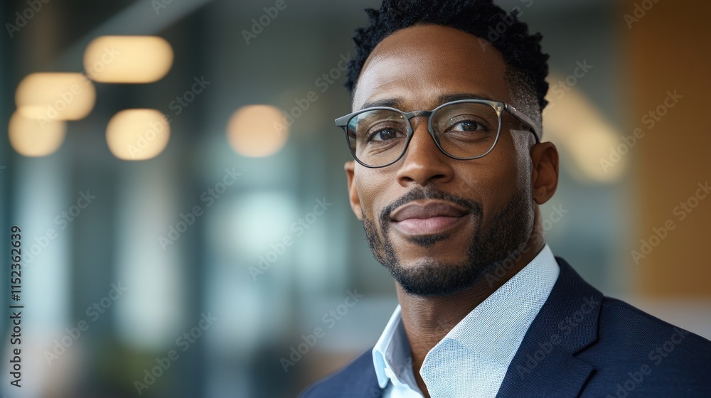 Man in professional attire smiles warmly while posing in a bright office space filled with natural light Man in professional attire smiles warmly while posing in a bright office space filled with natural light