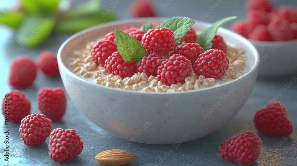 Fresh raspberries and mint are artistically arranged atop a bowl of oatmeal surrounded by more berries Fresh raspberries and mint are artistically arranged atop a bowl of oatmeal surrounded by more berries