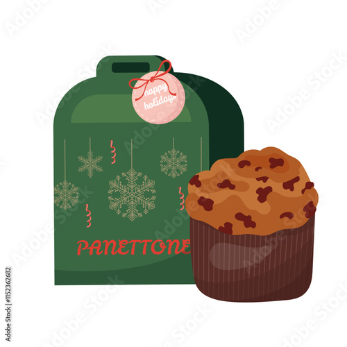 Italian panettone with box. Traditional Christmas pastries. Christmas cake with chocolate or fruits and berries. National cuisine of world. Panettone sweet bread holiday dessert. Vector illustration