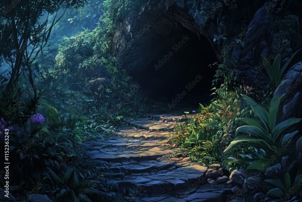 Enchanted Forest Pathway Leading to Mysterious Cave Surrounded by Lush Greenery and Vibrant Flora in Serene Nature Landscape Enchanted Forest Pathway Leading to Mysterious Cave Surrounded by Lush Greenery and Vibrant Flora in Serene Nature Landscape