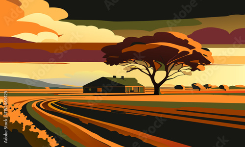 Countryside landscape with farm house and lonely tree, vector illustration.