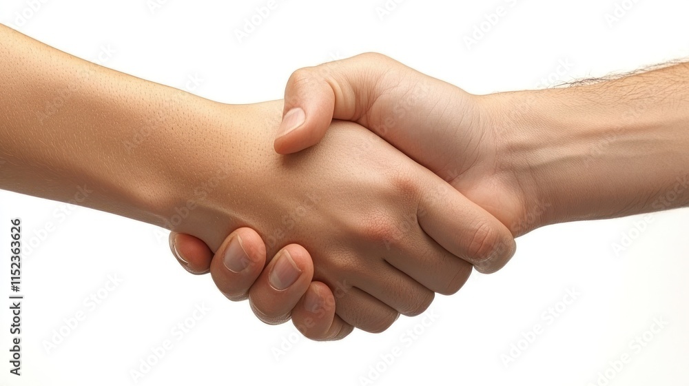 Two hands engage in a handshake, expressing partnership and mutual understanding in a simple context Two hands engage in a handshake, expressing partnership and mutual understanding in a simple context