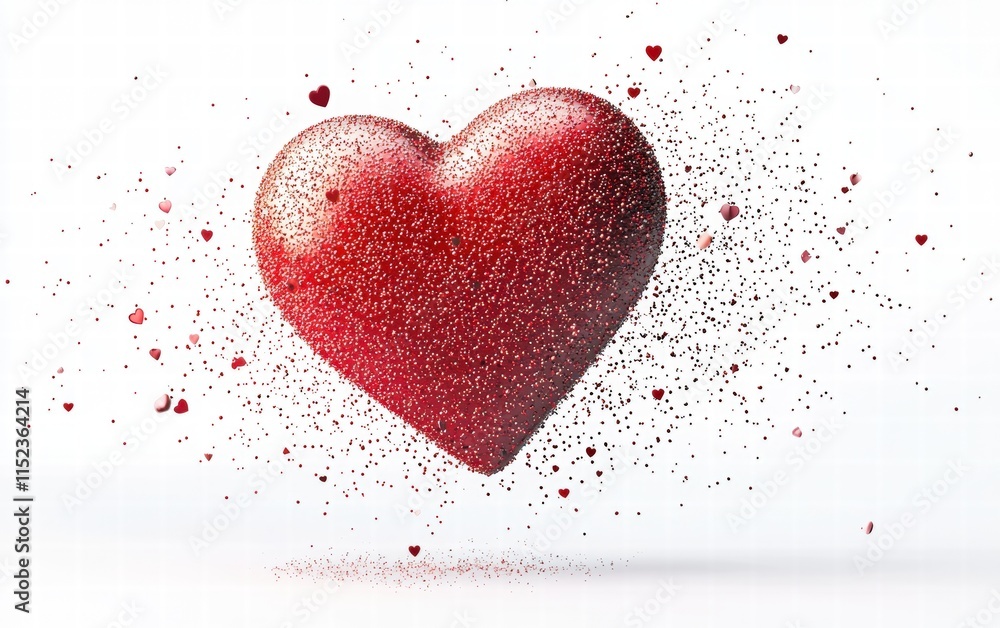 A glowing red heart surrounded by glittering particles, levitating mid-air on a white background for Valentines Day A glowing red heart surrounded by glittering particles, levitating mid-air on a white background for Valentines Day
