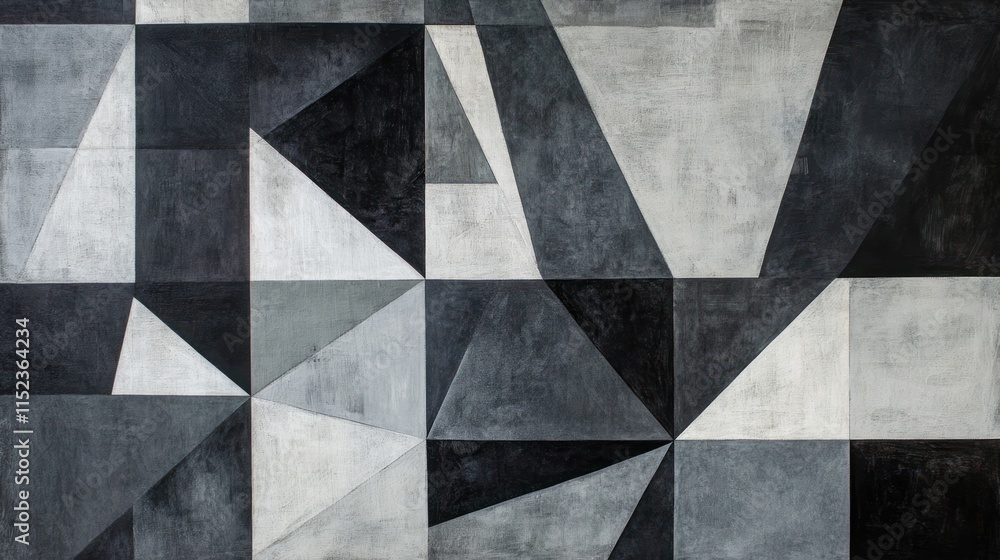 Fototapeta premium Abstract geometric artwork featuring a monochromatic palette of black, gray, and white shapes.