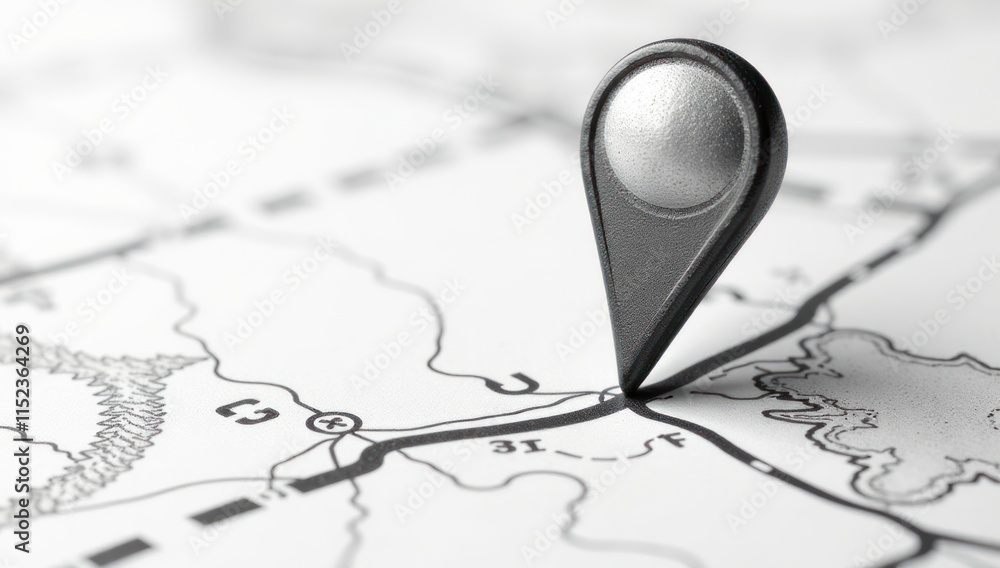 Fototapeta premium Black and White Hand Drawn Location Pin on Outline Abstract Map. Ideal for travel blogs, GPS or map-based applications, and wayfinding designs