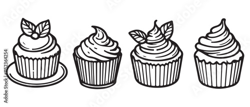 Engraved style, birthday cupcakes set with cream and berries for web, menu, posters, decoration. Hand drawn sketches of monochrome isolated on white background. Detailed vintage style