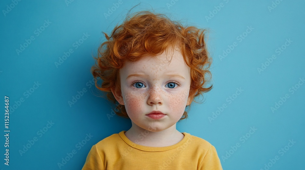 Naklejka premium A young Caucasian boy with curly red hair and freckles, gazing thoughtfully against a vibrant blue background.