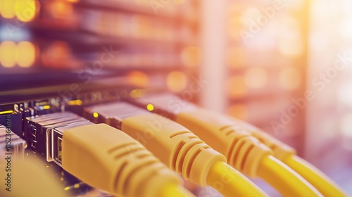 Obraz na płótnie Network cables connecting to switch in data center with blurred server rack background