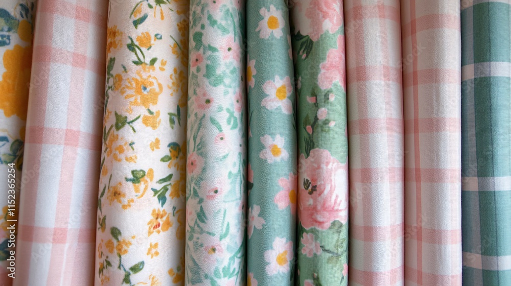 A vibrant display of assorted fabrics showcasing floral patterns and checks, perfect for crafting and design. A vibrant display of assorted fabrics showcasing floral patterns and checks, perfect for crafting and design.