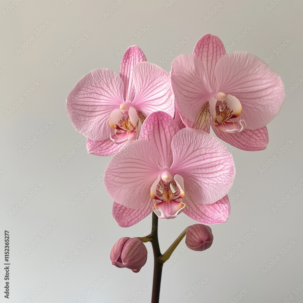 three pink orchids on a branch with buds three pink orchids on a branch with buds