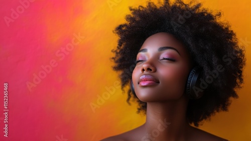 Wallpaper Mural Serene Black woman with afro listening to music, eyes closed, vibrant background. Torontodigital.ca