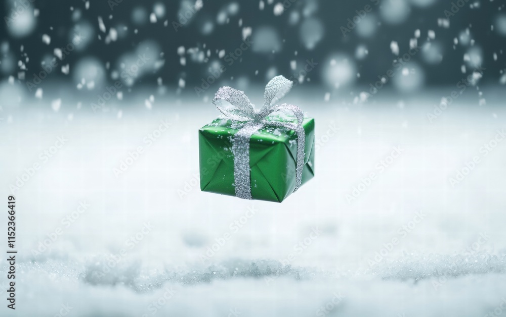 A small green present with a silver ribbon levitating on a snowy white background A small green present with a silver ribbon levitating on a snowy white background