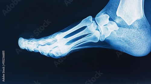 Lateral view X-ray images of a normal human foot, highlighting the detailed bone structure, including metatarsals, phalanges, and ankle joint, used for medical and educational purposes