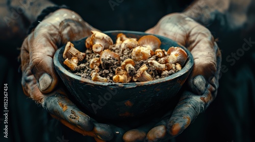 Earthy Treasures: Dramatic Close-Up of Hands Holding Mushroom-Filled Bowl with Dirt in Stunning Light photo